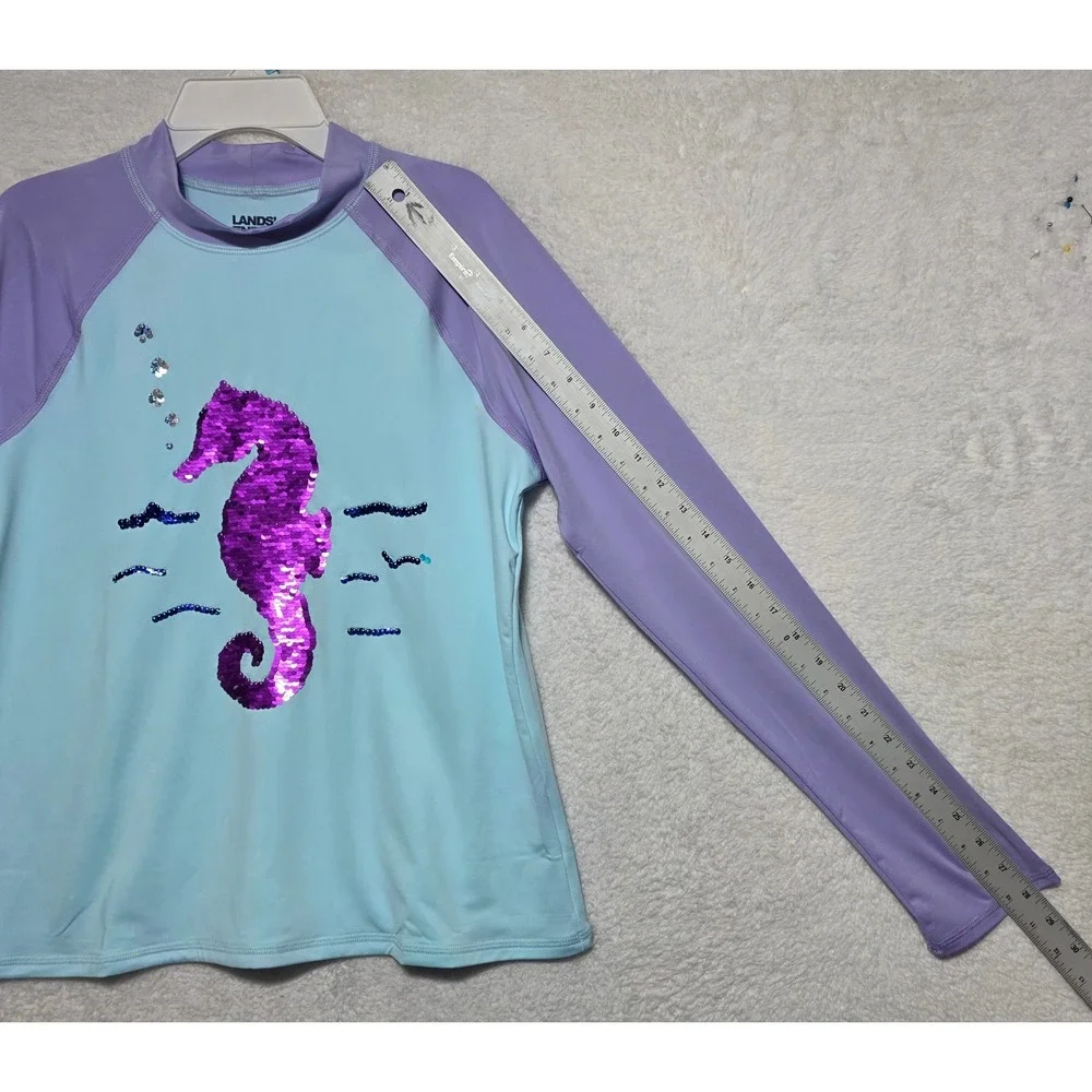 Lands End Girls XL 14-16 Seahorse Flip Sequin Rash Guard Swim Top Blue/Purple